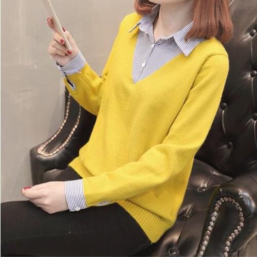 2018 spring and autumn new shirt collar sweater female fake two pieces of Korean loose fashion knitted jacket coat tide