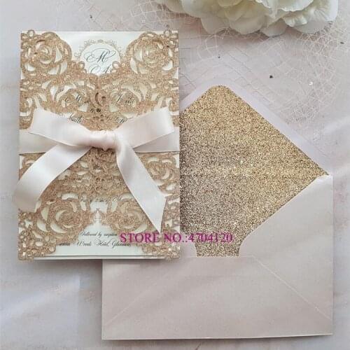 50pc Rose Gold Glitter Laser Cut Wedding Invitations with Ivory Ribbon and Glittery Envelope Customized Printing Invites