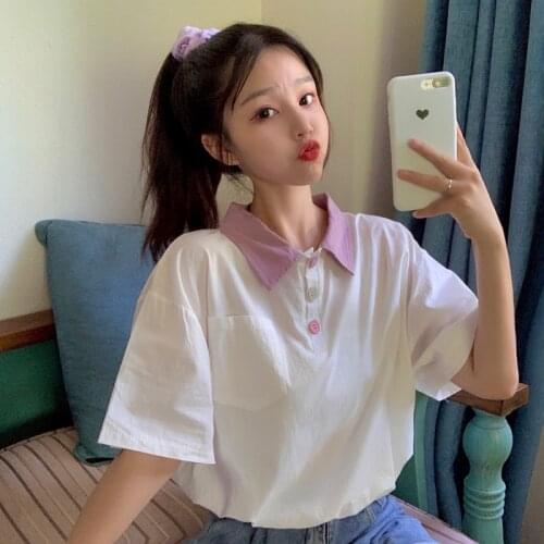 Loose Solid Color Ins Tshirt Female Korean Harajuku Womens T-shirts Tops Japanese Kawaii Ladies Ulzzang Clothes For Women