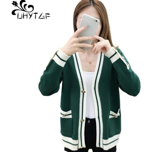 UHYTGF Cardigan For Women Long Sleeve Wild Student Autumn Sweater Coat V-Neck Loose Casual Plus Size Tops Jacket Female 1291