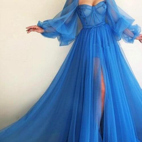 Duabi Evening Gowns Blue Puffy Sheer Long Sleeves Open Leg Sweetheart Ialamic Arabic Formal Women Dinner Long Gowns