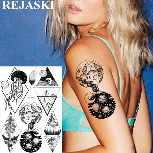REJASKI Galaxy Mountain Planets Temporary Tattoos For Women Men Sticker Moon Star Jellyfish Fake Tattoo Art Wrist Custom Tatoos