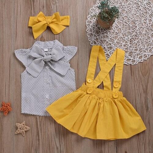 Explosion style new 2-6 years old children clothing fashion girls baby suit bow fashion dot dot lapel shirt + strap dress girls
