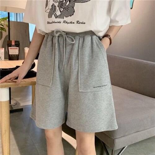 Women Knee Length Pants 2021 Summer High Waist Wide Leg Short Pants Drawstring Korean style cotton Casual loose Jogger Trousers