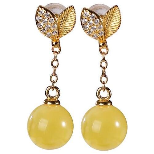 S925 sterling silver gold-plated natural amber beeswax stud earrings retro elegant leaves round beads earring pendant for ladies
