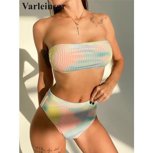 New Bandeau Ribbed Tid Dye Female Swimsuit High Waist Bikini Women Swimwear Two-pieces Bikini set Bather Bathing Suit Swim V2857