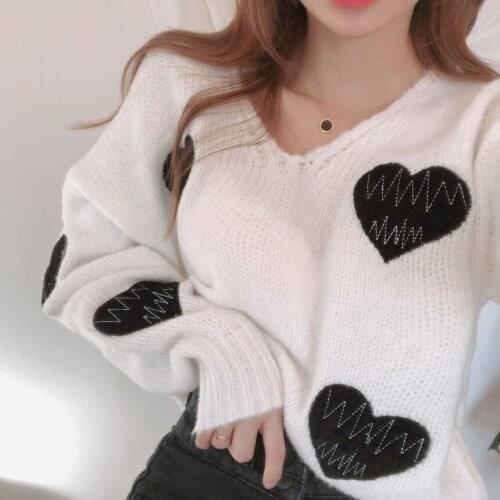 2021 Autumn Winter Women Sweater Korean Love Heart Knitted Pullover Tops Causal Long Sleeve V-Neck Pull Femme