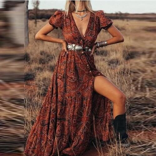 Autumn Vintage Pattern Printed Women Hem Split Long Dress Elegant Fashion Button Design Party Dresses Ladies Casual Loose Dress