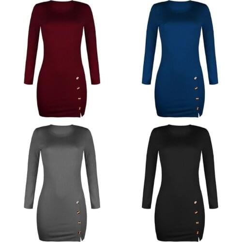 Womens Autumn Long Sleeve O-Neck Bodycon Mini Sweater Dress Solid Color Sexy Split Buttons Hem Ribbed Knitted Clubwear