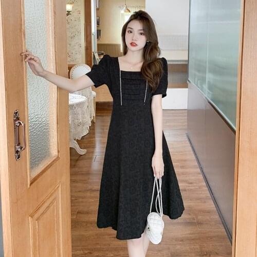 Short Sleeve Square Neck 2021 Summer Fashion Retro Solid Black Ruched Dress Women White Elegant Draw Back Knee-length Dresses