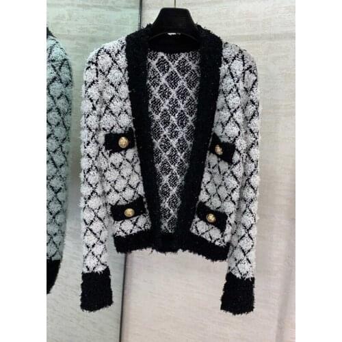 2021 Early Spring 1.19 New Women Weave Argyle Patchwork Button Tassels Dcoration Design Cardigan Jacket Coat