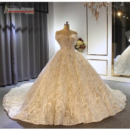 Off the shoulder straps ball gown princess wedding dress champagne color brand new