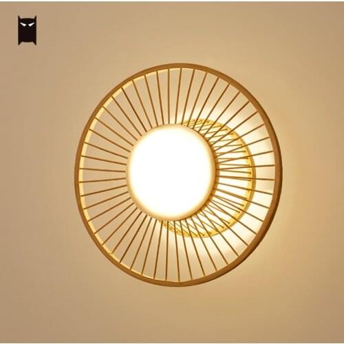 Bamboo Wicker Rattan Round Sun Flower Wall Lamp Fixutre Art Deco Japanese Style Sconce Light Aisle Corridor Background Bedroom