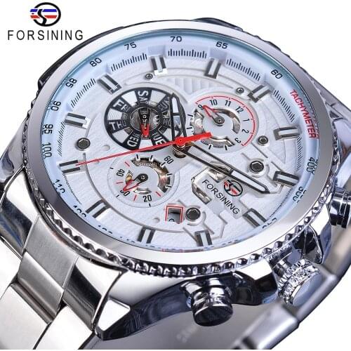 Forsining Men Fashion Mechanical Watch White Automatic 3 Sub Dial Multifunction Calendar Full Stainless Steel Belts Montre Homme