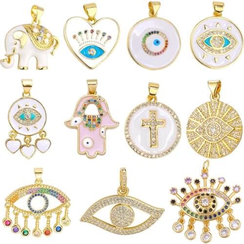 Juya Micro Pave Zircon Elephant Hamsa Hand Of Fatima Cross Greek Evil Eye Enamel Charms For DIY Pendant Bracelet Necklace Making