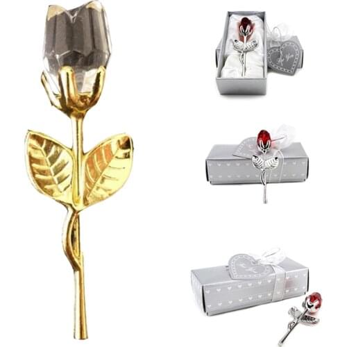 Crystal Glass Rose Flower Figurines Craft Wedding Birthday Valentines Day gifts Souvenir Table Decor Ornaments (including Box)