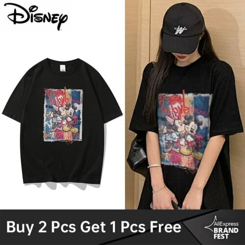 Disney Fashion Minnie Mickey Mouse Letter Cartoon Print Short Sleeve Couples Unisex Women T-Shirt Harajuku Female Tee Tops Plus