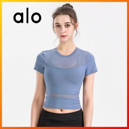 Alo Yoga Summer Women Sexy Mesh Breathable Quick-drying Running Fitness Exercise Crop Top Short-sleeved T-shirt