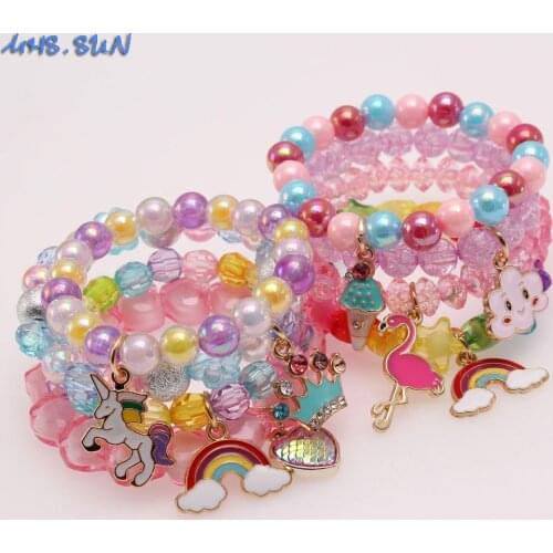MHS.SUN 4Pcs Colorful Beads Bangles Bracelets Cute Rainbow/Flamingo/Ice Cream Pendant Girls Child Beaded Bangles For Party Gifts