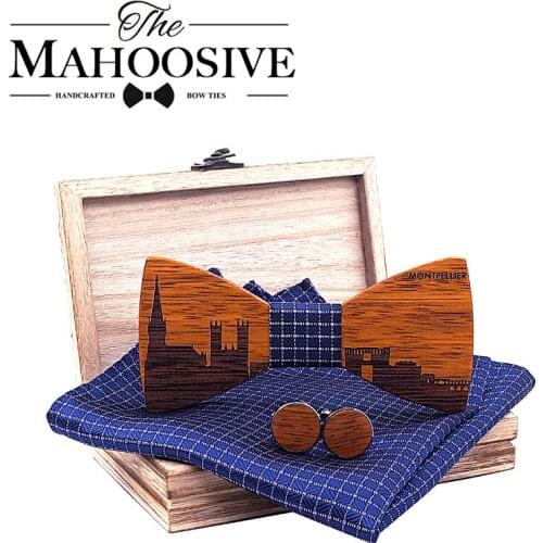 Montpellier Wood France Skyline Wooden Bow ties Butterfly Gravata Skyline Ties For Men Cufflinks noeud papillon cravate for men