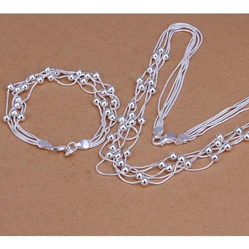 New Arrival 925 Sterling Silver Jewery Set,Fashion Party Accessories,Five Lines Light Beads Ball Necklace Bracelet Two-pieces