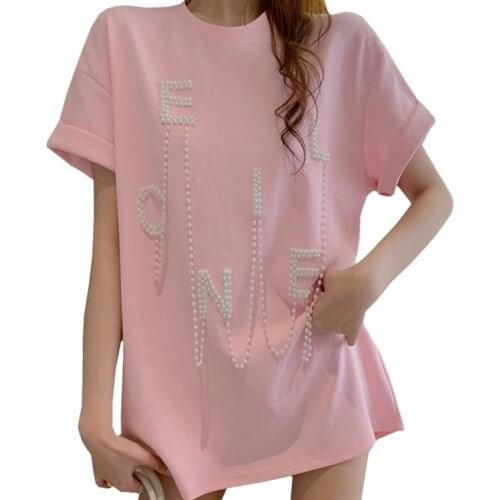2021 ZuoLunOuBa Summer New Style Cotton Fashion Women Clothes T Shirt Beaded Letters Tees Beaded Letters Pink Tops Female S-L