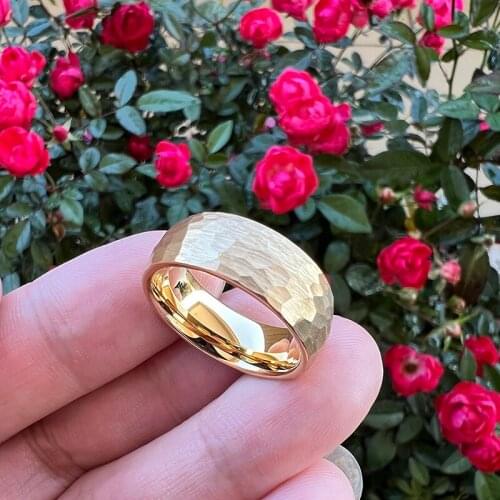 8MM Gold Hammered Mens Tungsten Carbide Wedding Bands Womens Domed Brushed Finish Comfort Fit