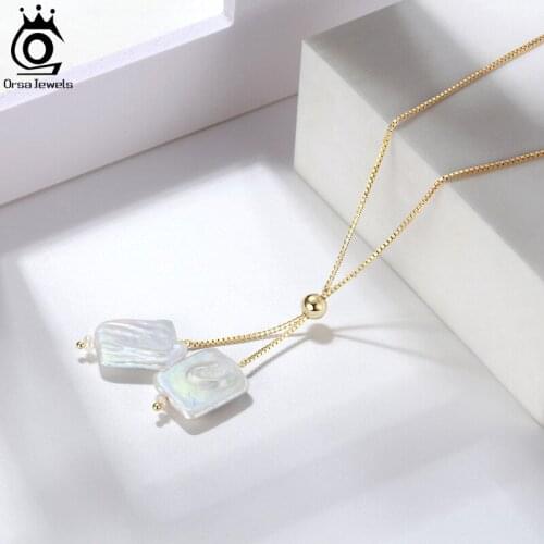 ORSA JEWELS Freshwater Baroque Pearl Necklace Vintage14K Gold Plated 925 Silver Retro Long Link Chain Jewelry for Women GPN14