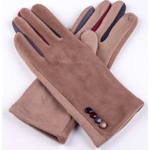 Autumn Winter Female Button Suede Leather Velvet Cashmere Full Finger Warm Bow Glove Women Embroidery Touch Screen Mitten F9
