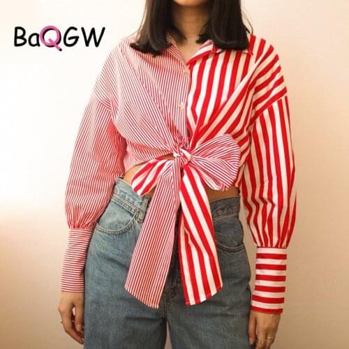 BaQGW Autum Casual Blose Shirt Casual Full Sleeve Striped Patchwork Bow Tie Tops Fashion Turn Down Collar Office Lady Outwear