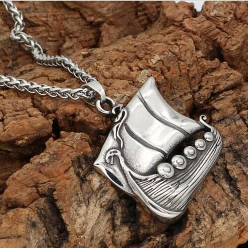 Nordic Myth Viking Pirate Ship Titanium Steel Pendant Necklace Trendy Men Chain