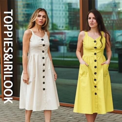 Toppies Summer 97%Cotton Camisole Dress Beach Midi Dresses with Pockets Front Button Sundress Stretch Bust