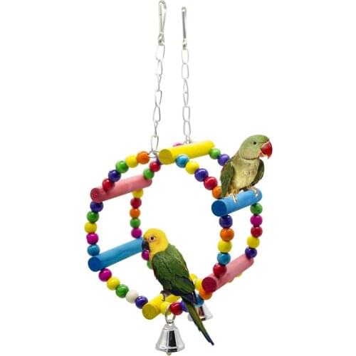 Natural Wooden Parrots Swing Toy Birds Perch Hanging Swings Cage With Colorful Beads Bells Toys Bird Supplies
