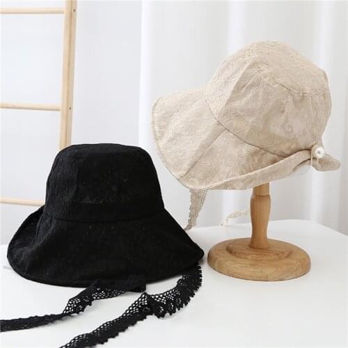 Luxury Lace Bucket Hat Women Cute Floral Fisherman Hat Summer Beach Visor Adjustable Ribbon Wide Brim Bonnet Elegant Cap