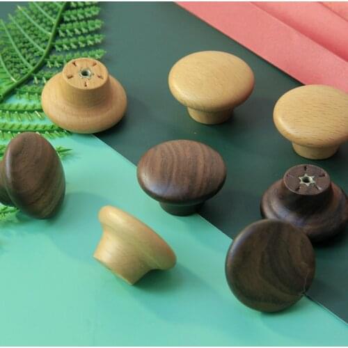 2 pcs/set Natural Wood Cabinet Drawer Pull Cupboard Handles With Screws Wardrobe Beech Round single hole Door Knobs