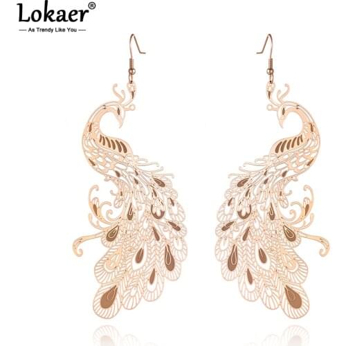 Lokaer Titanium Stainless Steel Animal Peacock Earrings Jewelry Rose Gold CZ Crystal Dangle Earrings For Women Girls E19237