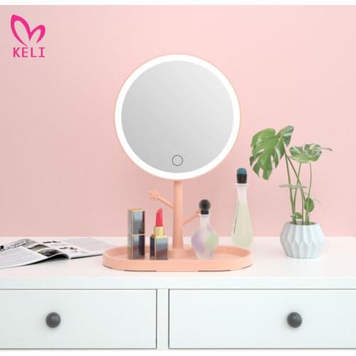 LED Makeup Mirror With Light Ladies Makeup Lamp With Storage Desktop Rotating Mirror Round Shape Cosmetic Mirrors Christmas Gift