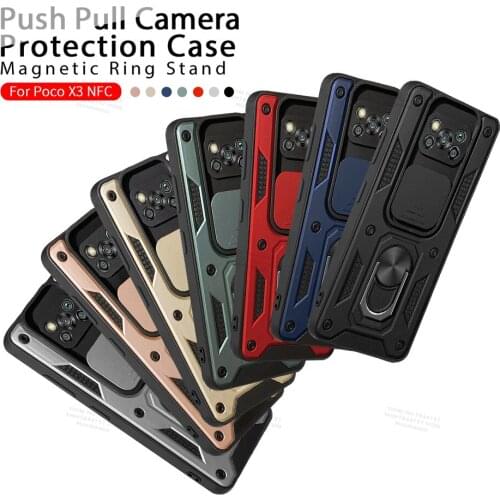 Push Pull Camera Protection Phone Cover For Xiaomi Poco X3 NFC with Ring Magnet Stand Shockproof Case on for poco x3 m3 pro f3
