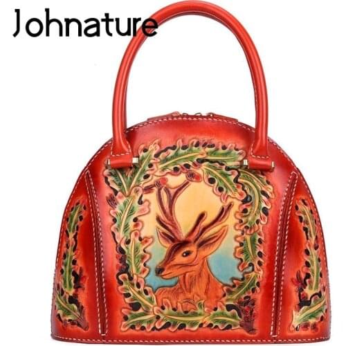 Johnature Luxury Handbags Women Bags Designer 2020 New Handmade Leather Carving Retro Ladies Hand Bag Chinese Style Totes