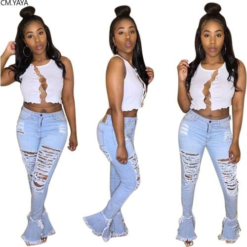 2020 Summer Denim Pants Women Retro Solid Sexy Hole Jeans Ripped Flare Trousers Street Skinny High Waist Lady Pants GL8707