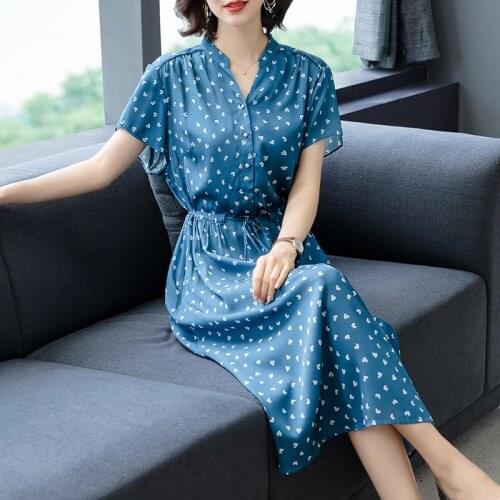2021 Vintage Blue Print Mulberry Silk Boho Midi Sundress Summer Korea Elegant 3XL Plus Size Women Dresses Bodycon Party Vestidos
