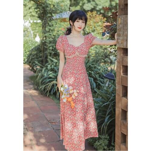Women Floral Gentle Chiffon Puff Sleeve Cute Retro Square Neck Dress Robe Femme Slim Mid-length Vestido de mujer