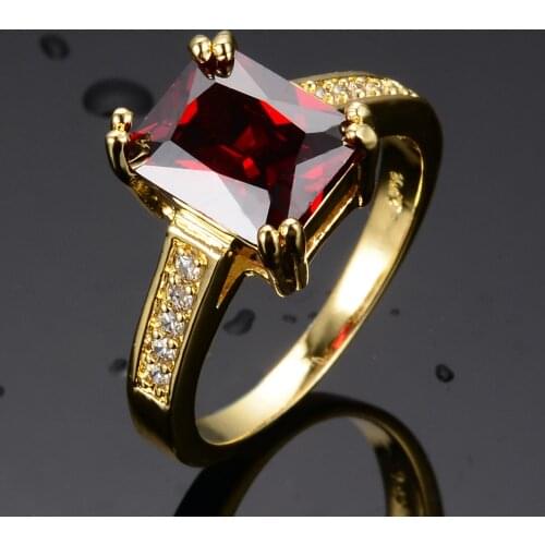 Cham Female Red Crystal Stone Ring Yellow Gold Color Thin Wedding Rings For Women Vintage Square Zircon Engagement Ring