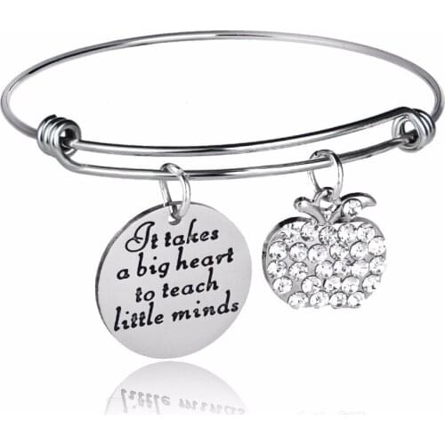 12PC/Lot Teachers Gifts It Takes A Big Heart To Teach Little Minds Crystal Apple Teacher Jewelry Bangle Stainless Steel Bracelet