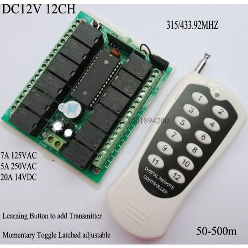 12V 12CH RF Wireless Remote Control Switch system RF controller remote control 12CH Transmitter Receiver 315/433 Learning Code