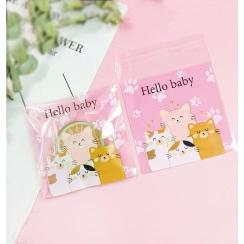 50pcs/lot Pink Frosted Cartoon Four Cat Claw Cellophane Self Stick Cookies Plastic Bag Cat Baptism Sugar Packaging Homemade Bag