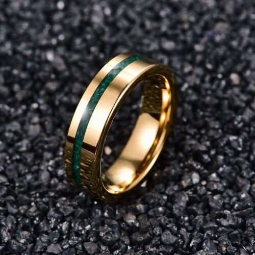 6mm Gold Color Polished Inlaid Malachite Tungsten Steel Ring For Men Groove Carbon Engagement Rings