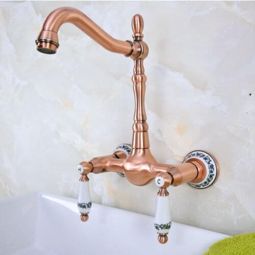 Antique Red Copper Brass Bathroom Kitchen Sink Faucet Mixer Tap Swivel Spout Wall Mounted Dual Ceramic Levers & Base mnf953