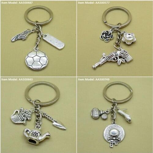 Keychain Keyring Soccer Football Sign Tag Warrior Sneakers Shoes Sports Gun Pistol Flower Kettle Tea Teapot Shovel Garden Pot