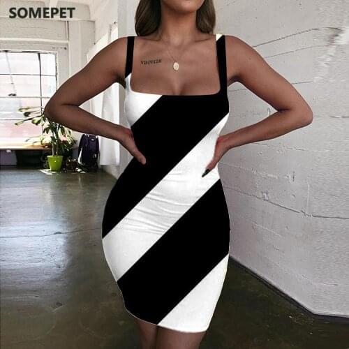 SOMEPET Black And White Dresses Women Stripe Bodycon Dress Abstract Vestido Sexy Harajuku 3d Print Womens Clothing Summer New